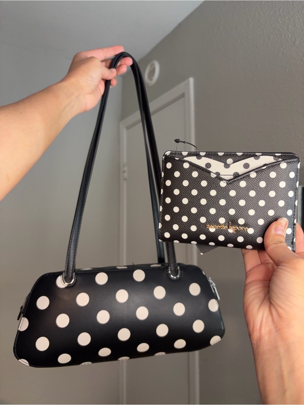 Black and White Polka Dot Shoulder Bag with Card Wallet